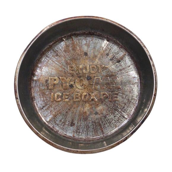 PY-O-MY Ice Box Pie Round Pie Pan Tin Rustic Bakeware Advertising Decor MCM - Picture 2 of 6